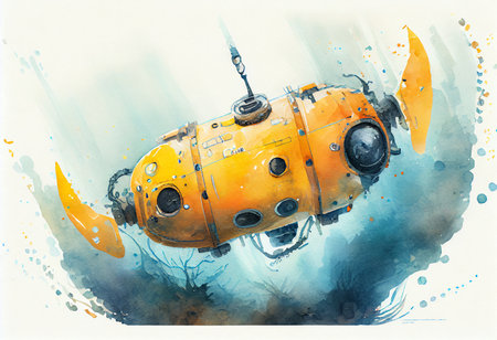 Watercolor illustration of an old submarine on a watercolor background.の素材