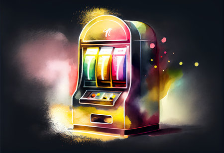 Illustration of slot machine with colorful paint splashes on dark backgroundの素材