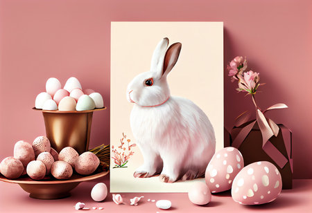 Easter background with rabbit, eggs and flowers. 3d illustrationの素材