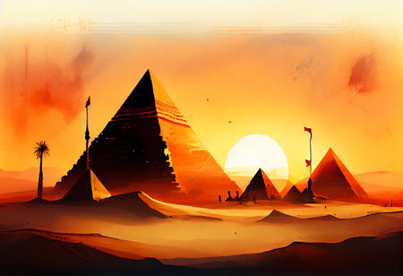 Egyptian pyramids at sunset. Digital painting. Illustration.の素材