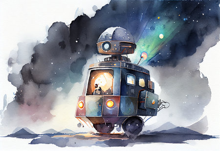 watercolor illustration of a space ship on a background of the skyの素材
