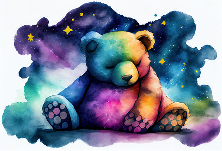 Hand drawn watercolor illustration of a teddy bear in the night skyの素材