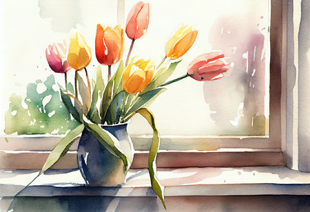 Tulips in a vase on the windowsill. Watercolor paintingの素材