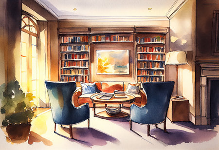 Illustration of a living room with a bookcase, a table and chairsの素材