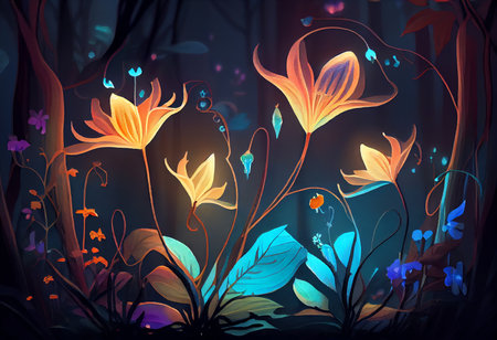 Beautiful magic forest with flowers and butterflies. Illustration for your designの素材