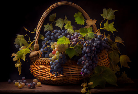 basket of grapes on a wooden table. dark background. still lifeの素材