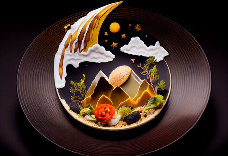 creative food concept with 3d illustration of hamburger on black backgroundの素材