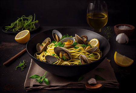 Seafood pasta with clams, mussels and parsleyの素材