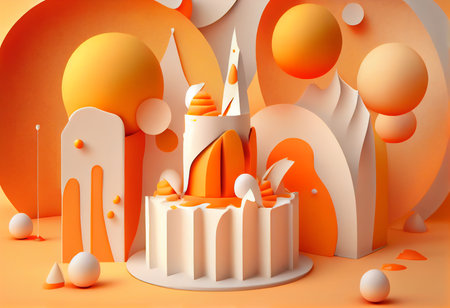3d render of sweet cake with orange and white paper cut shapesの素材