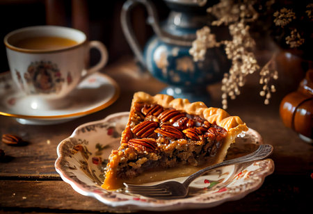 Pecan Pie with a cup of tea on a wooden tableの素材