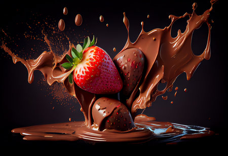 Chocolate splash with strawberry isolated on black background. 3d illustrationの素材