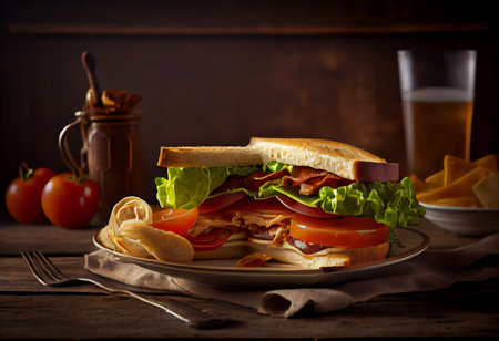 Sandwich with ham, cheese, lettuce and tomato on wooden backgroundの素材