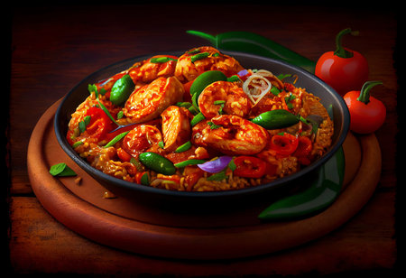 Fried rice with prawns and vegetables on a wooden backgroundの素材