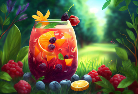 Summer drink with berries and fruits in the garden. 3d illustrationの素材