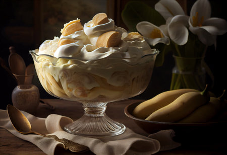 Banana meringue dessert with whipped cream in a glass bowlの素材