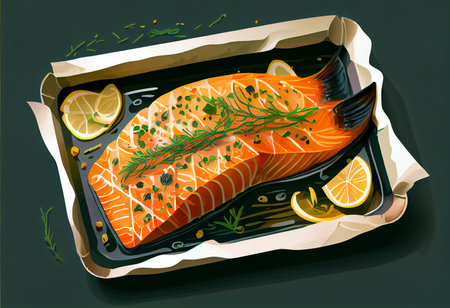 Illustration of salmon fillet with dill, lemon and herbsの素材