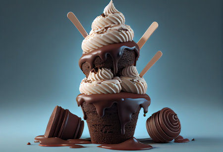 Chocolate ice cream with chocolate topping on blue background. 3d renderingの素材