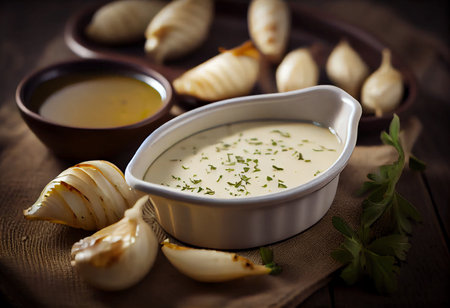 Garlic cream soup with fresh garlic and olive oil on wooden backgroundの素材