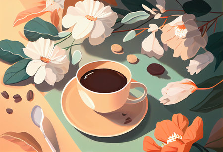 Cup of coffee and flowers on the table. Vector illustration.の素材