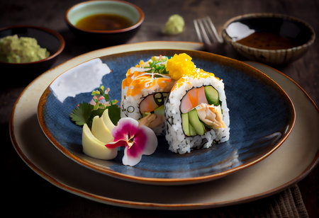 Sushi roll with salmon, avocado, cucumber and cream cheeseの素材