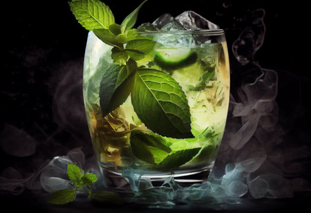 Mojito cocktail with mint and ice on a black background.の素材
