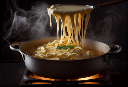 Fettuccine with cream in a pan on a dark backgroundの素材