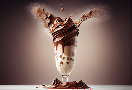 Chocolate milk shake with splashes and drops on a gray backgroundの素材