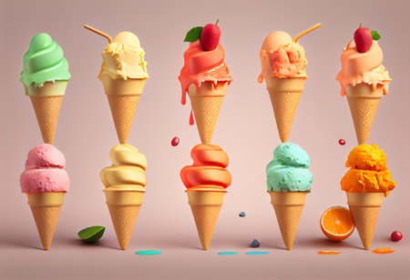 Set of ice creams in waffle cones. 3d illustrationの素材