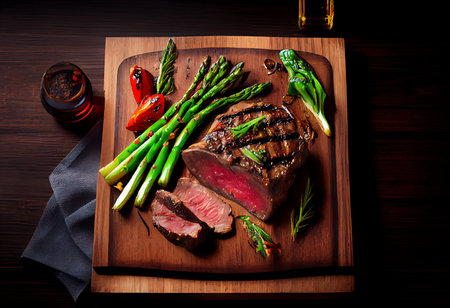 Grilled beef steak with asparagus and tomatoes on wooden boardの素材