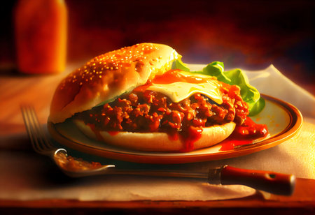 Hamburger with bolognese sauce on a plate.の素材