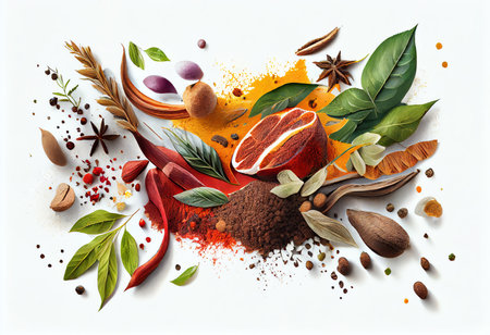 Spices and herbs on a white background. Food and cuisine ingredients.の素材