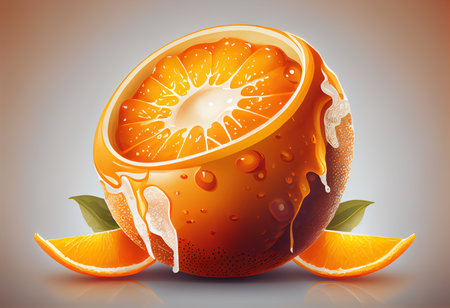 Orange fruit with drops of juice on a gray background. Vector illustration.の素材