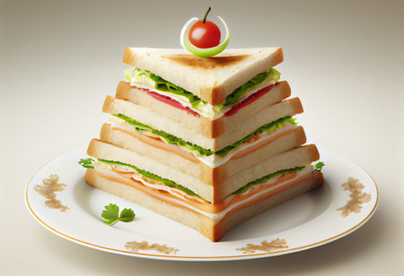 Sandwich with ham, cheese, tomato and lettuce on a plateの素材