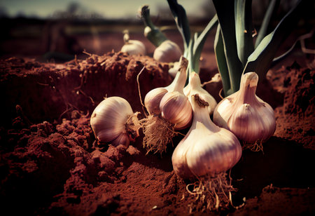 Fresh garlic on the soil. Selective focus. Toned.の素材