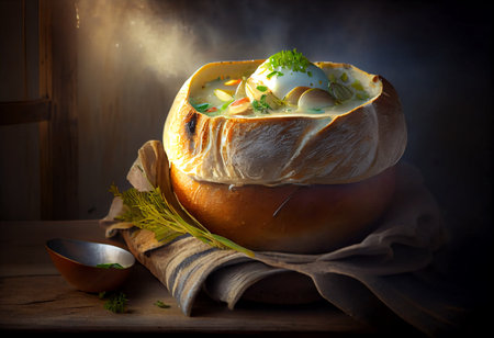 Sour cream soup in a bread with sour cream and herbs.の素材