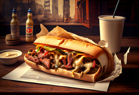 Delicious hot dog with beef and vegetables on a wooden table.の素材