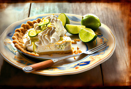 Lime cake with whipped cream, lime slices and lime wedgesの素材