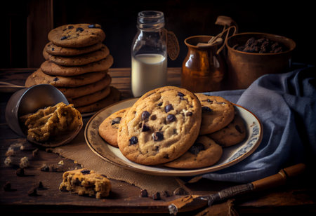 Chocolate chip cookies on wooden table. Vintage style toned pictureの素材