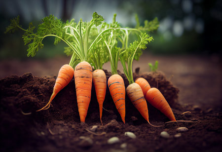 Fresh carrots growing in the soil. Agriculture concept. Selective focus.の素材