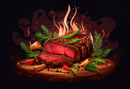 Grilled beef steak with herbs and spices. Vector illustration on black background.の素材