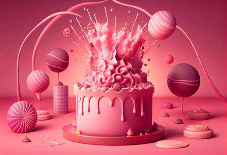Birthday cake with pink color, 3d rendering. Computer digital drawing.の素材