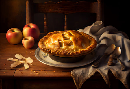 Homemade apple pie on wooden table. Selective focus. Toned.の素材