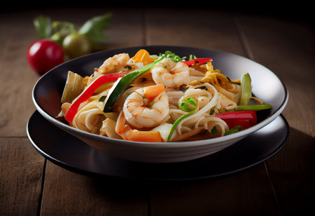 Stir-fried noodles with shrimps and vegetables on wooden tableの素材
