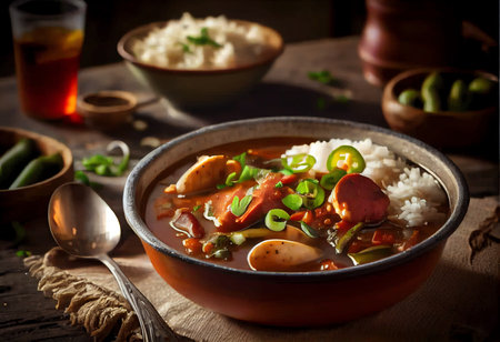 Soup with vegetables and rice on a wooden background. Selective focus.の素材