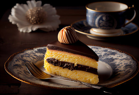 A piece of cake with chocolate glaze and a cup of coffeeの素材