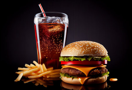 Hamburger and cola with french fries on a black backgroundの素材