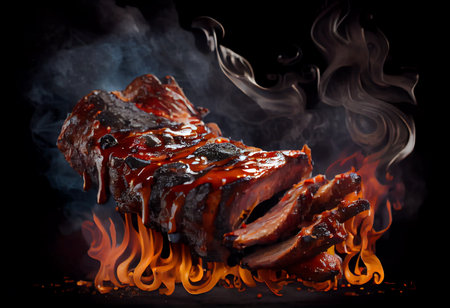 Smoked pork ribs with barbecue sauce on a black background with flamesの素材