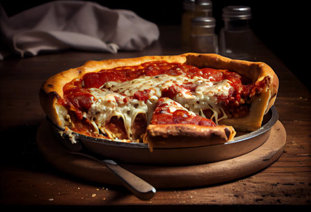 Pizza with salami and mozzarella on a wooden tableの素材