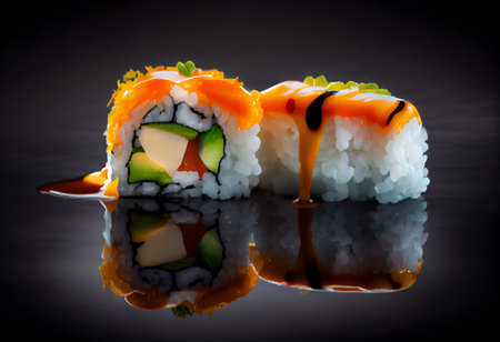 Sushi roll with salmon, avocado and cucumber on a black backgroundの素材