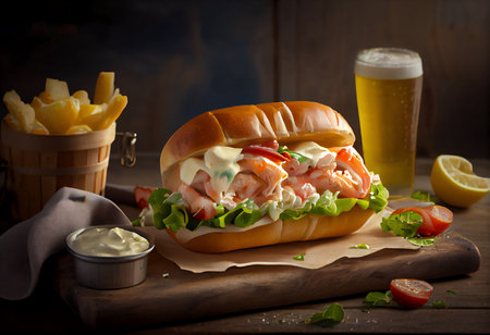 hot dog with shrimp and mayonnaise on a wooden background.の素材